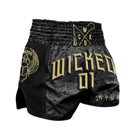 Short de boxe thaï Wicked One Pharao, noir et or
