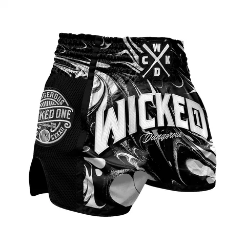 Short de boxe thaï Wicked One Dangerous, noir et blanc