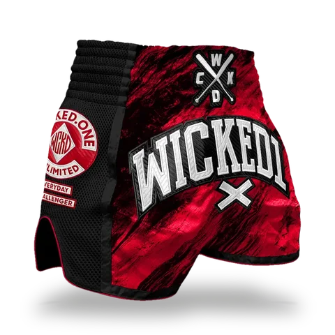 Short de boxe thaï Wicked One Conflict, noir et rouge