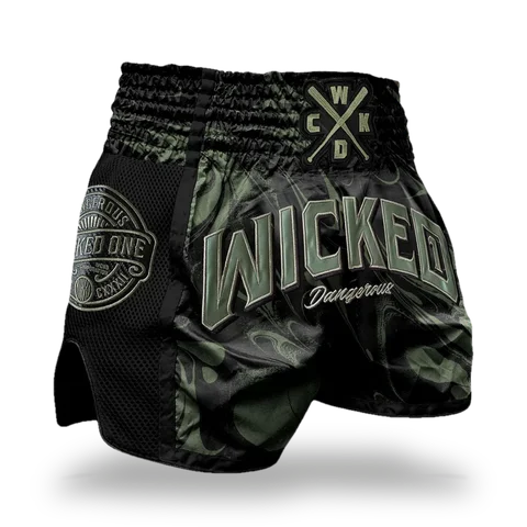 Short de boxe thaï Wicked One Dangerous, noir et kaki