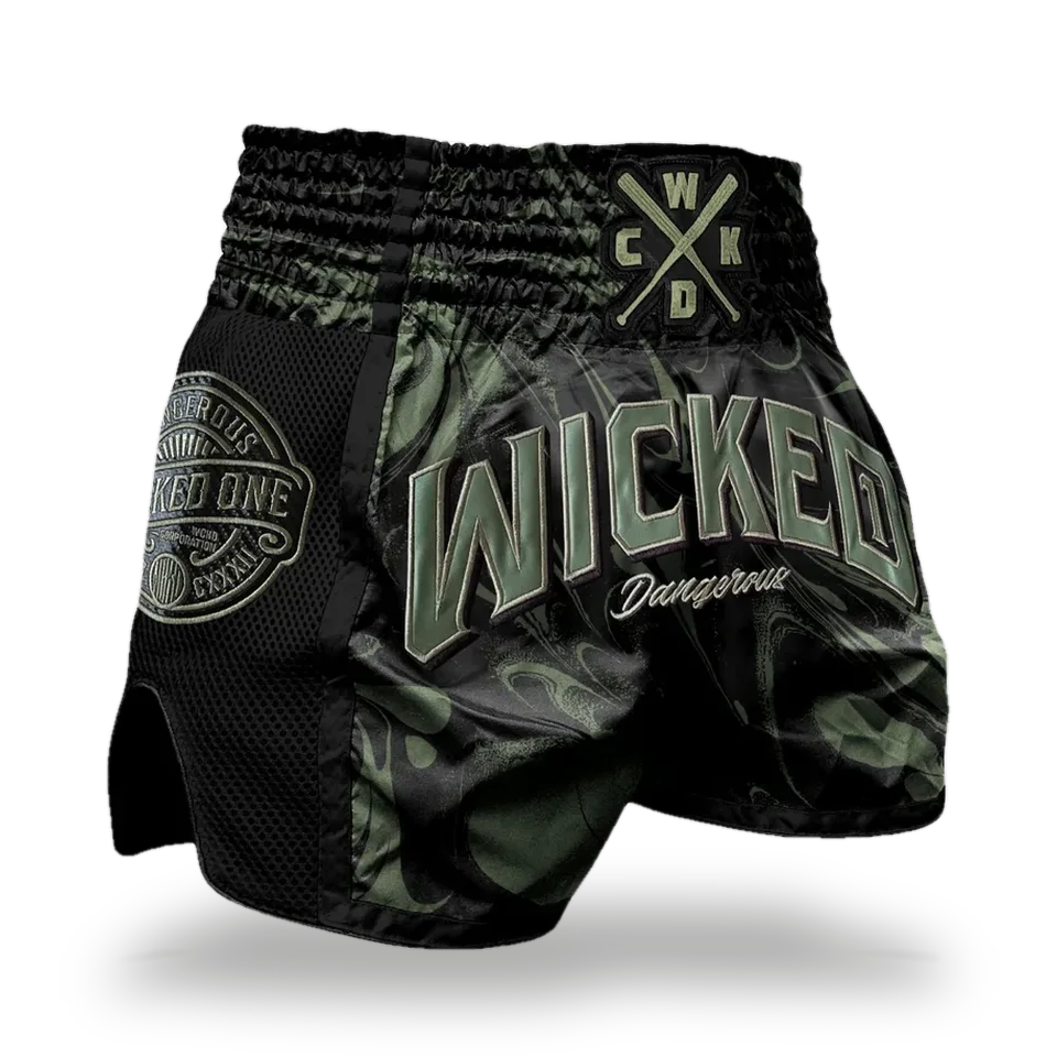 Short de boxe thaï Wicked One Dangerous, noir et kaki