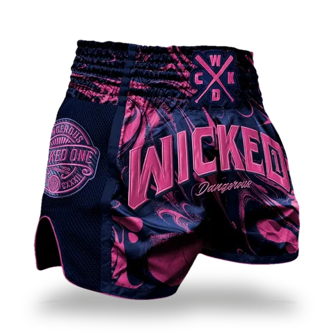 Short de boxe thaï Wicked One Dangerous, bleu marine et rose