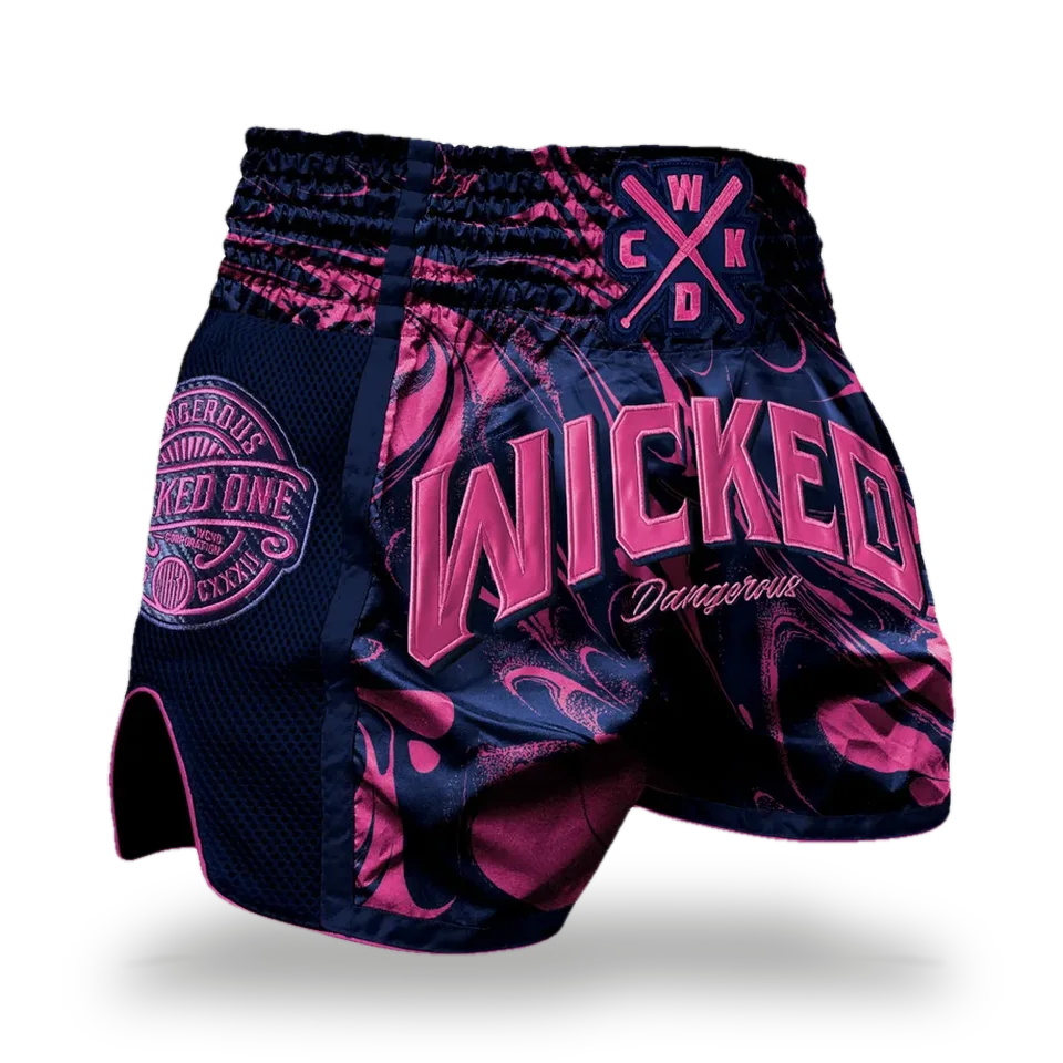 Short de boxe thaï Wicked One Dangerous, bleu marine et rose