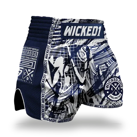 Short de boxe thaï Wicked One Havoc, bleu marine et blanc