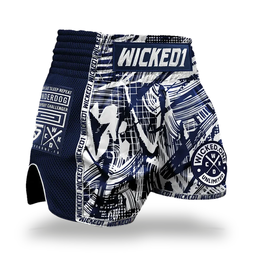 Short de boxe thaï Wicked One Havoc, bleu marine et blanc