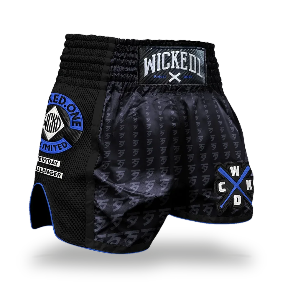 Short de boxe thaï Wicked One Infinitit, noir et bleu