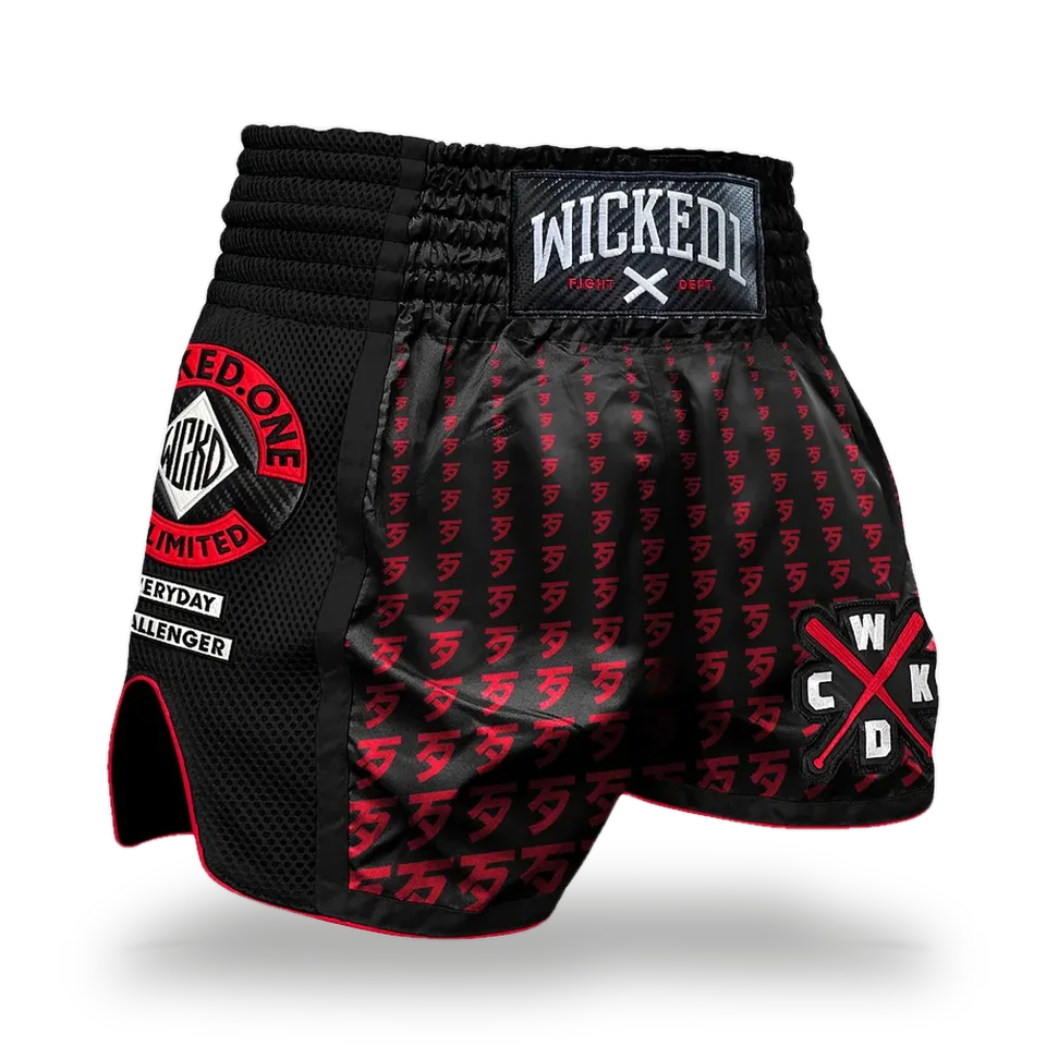 Short de boxe thaï Wicked One Infinitit, noir et rouge