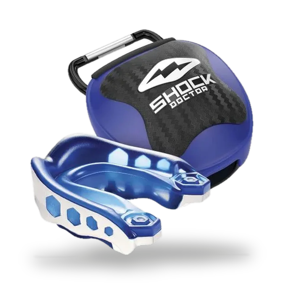 Protège-dents et boîte Shock Doctor Gel Max, blanc et bleu