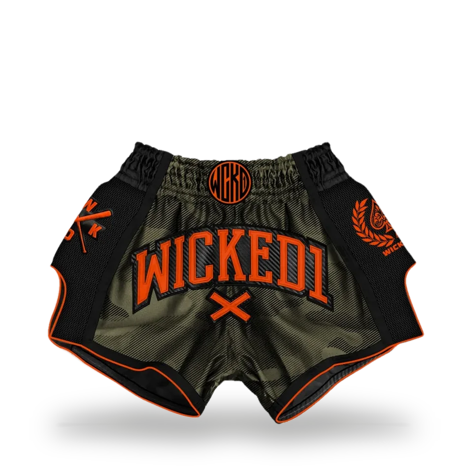 Short de boxe thaï Wicked One MT Kick, camo et kaki