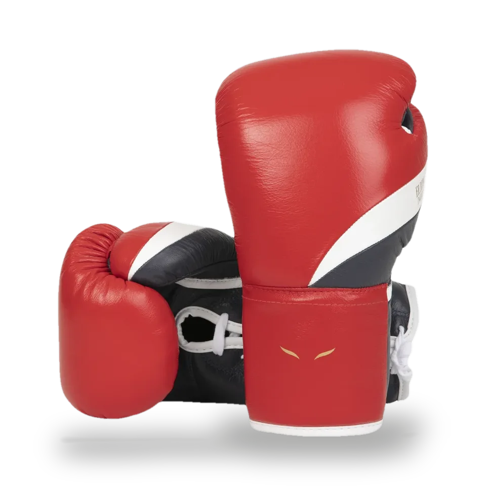 Gants de boxe à lacets Elion Elegant, cuir rouge, blanc et bleu
