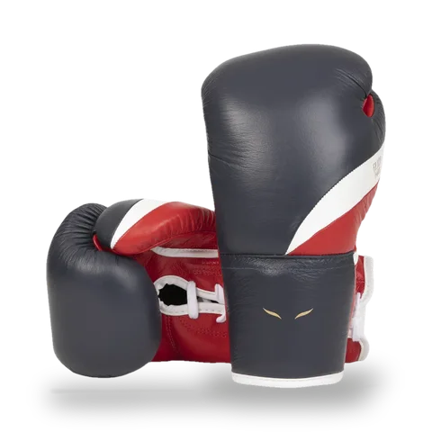Gants de boxe à lacets Elion Elegant, cuir bleu, blanc et rouge