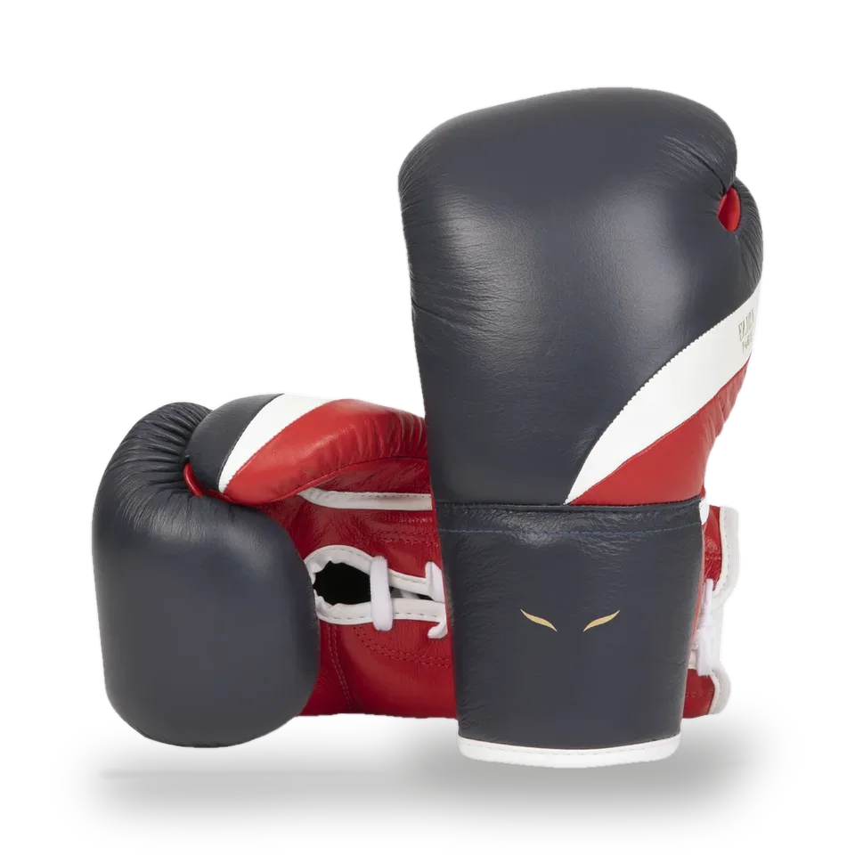 Gants de boxe à lacets Elion Elegant, cuir bleu, blanc et rouge