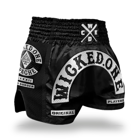 Short de boxe thaï Wicked One Apache, noir et blanc